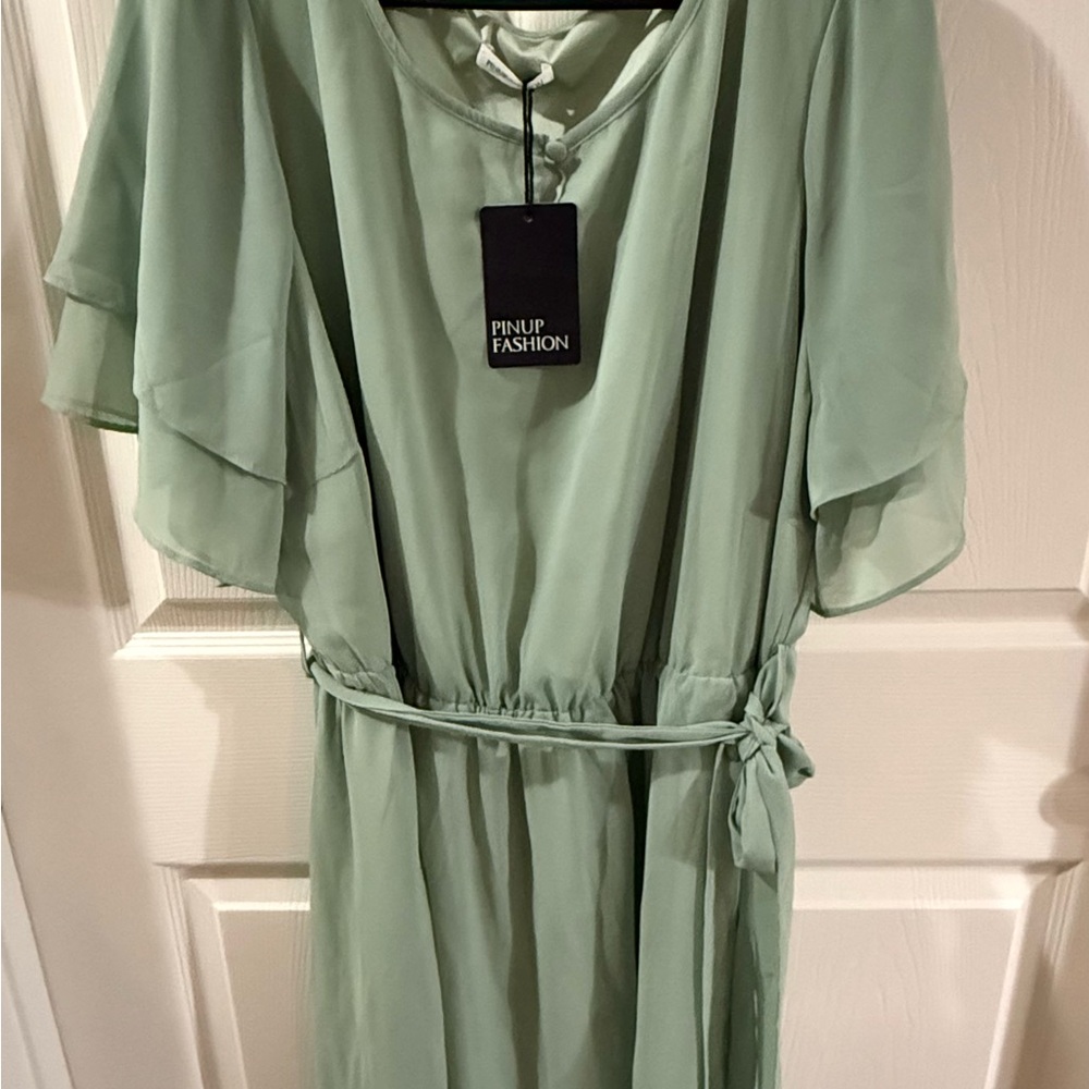 Green Flutter Sleeve Midi Sundress for Wedding Guests